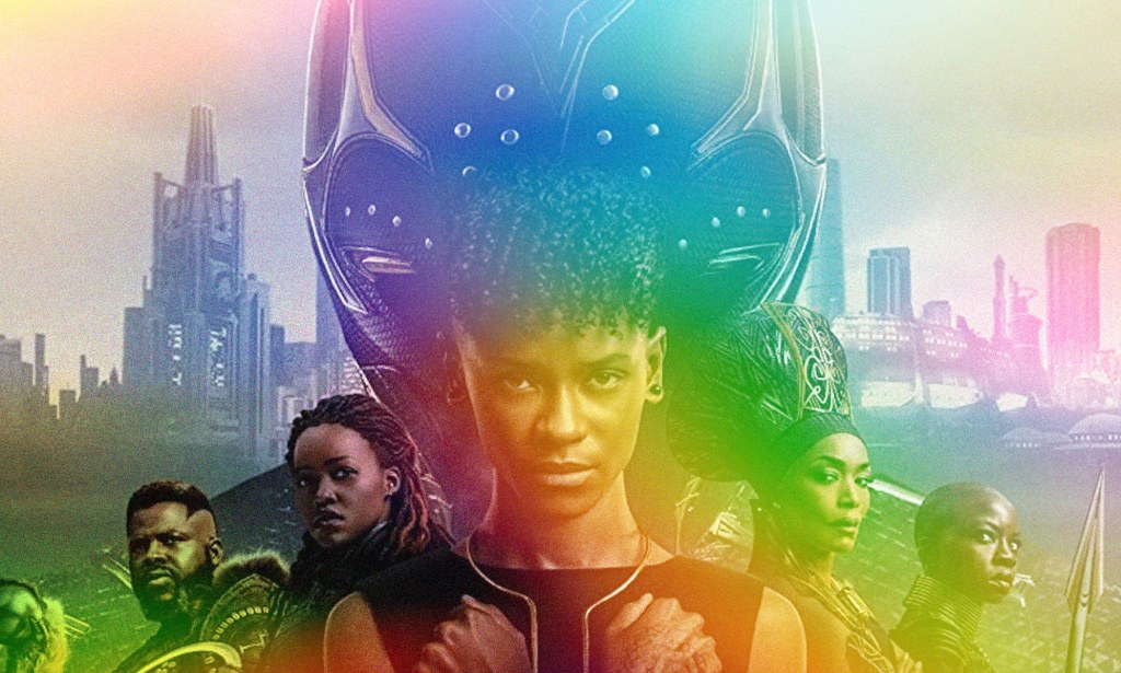 The characters of Black Panther lined up, with the Black Panther mask behind them