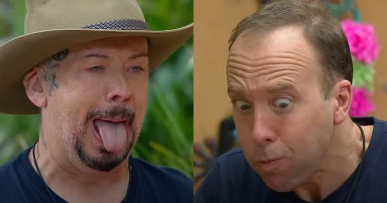 Side-by-side screenshots of Boy George and Matt Hancock making disgusted faces