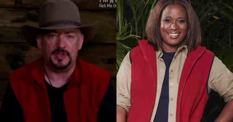 A split-screengrab image showing Boy George on the left and Charlene White in their jungle uniforms from ITV show I'm a Celebrity...Get Me Out of Here! - (ITV_I'm A Celebrity...)