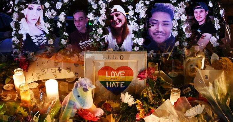 An image showing a memorial of the five people killed in the Club Q shooting.