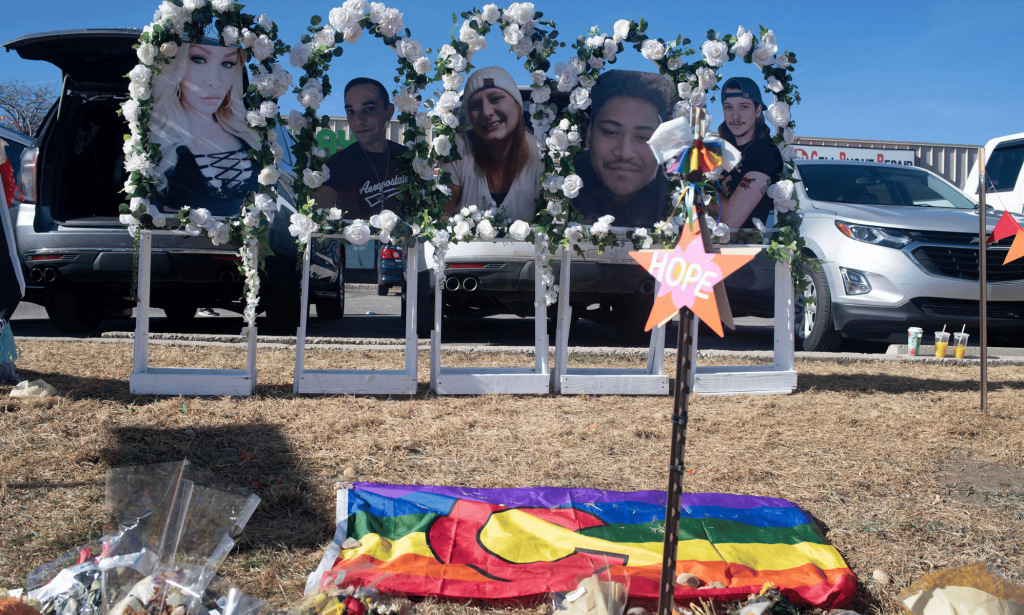 Images of Kelly Loving, Derrick Rump, Ashley Paugh, Raymond Green Vance and Daniel Aston – the five people killed in the Colorado Springs shooting – were placed along a memorial near Club Q