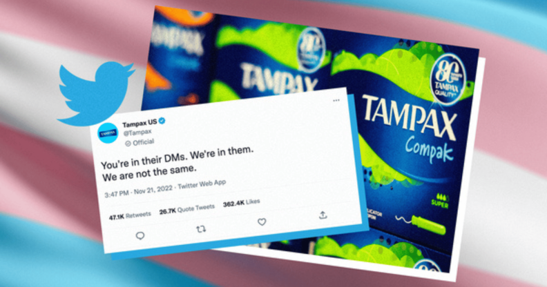 A graphic combining a tweet from Tampax, a box of Tampax brand tampons, a trans flag and the Twitter blue bird logo