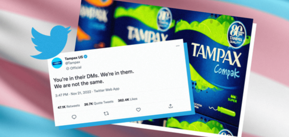 A graphic combining a tweet from Tampax, a box of Tampax brand tampons, a trans flag and the Twitter blue bird logo