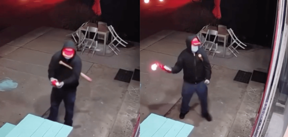 Side by side images of an unidentified person wearing black clothing lighting and throwing a Molotov cocktail inside the Donut Hole