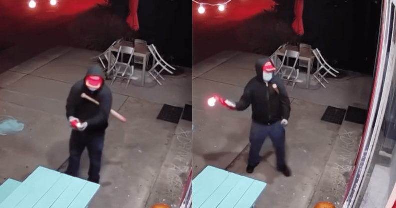Side by side images of an unidentified person wearing black clothing lighting and throwing a Molotov cocktail inside the Donut Hole