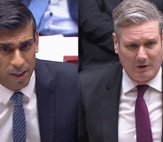 A side by side image of Rishi Sunak not wearing a World AIDs Day ribbon on the lapel of his jacket while, in the other image, Keir Starmer is wearing the symbol