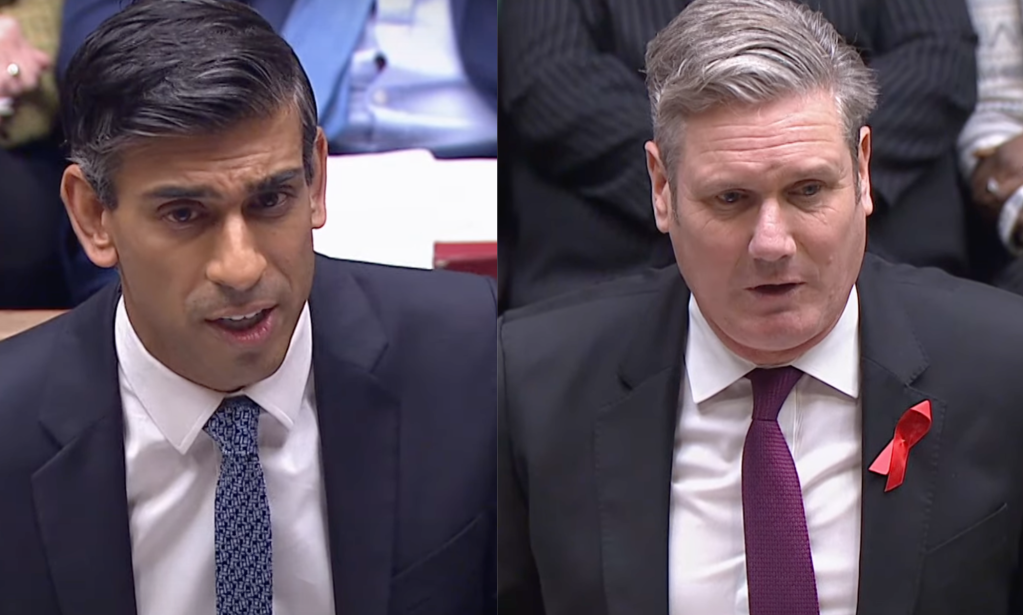 A side by side image of Rishi Sunak not wearing a World AIDs Day ribbon on the lapel of his jacket while, in the other image, Keir Starmer is wearing the symbol