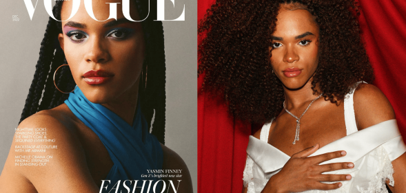 Side by side images of Yasmin Finney from her cover on British Vogue's December issue and a picture of Finney wearing a white outfit