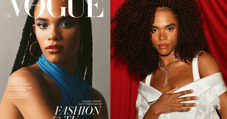 Side by side images of Yasmin Finney from her cover on British Vogue's December issue and a picture of Finney wearing a white outfit