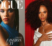 Side by side images of Yasmin Finney from her cover on British Vogue's December issue and a picture of Finney wearing a white outfit