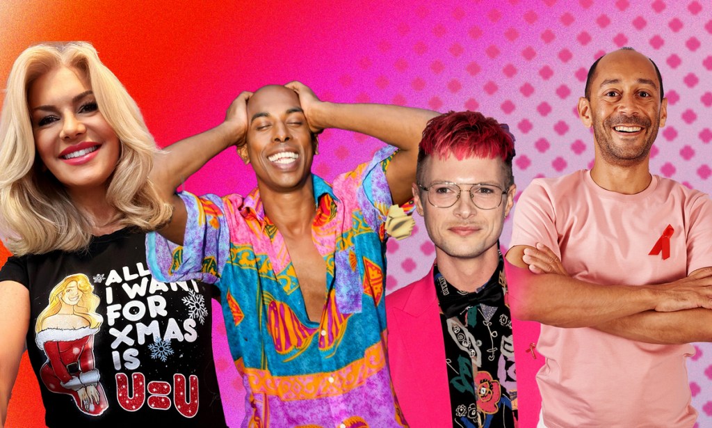 Pictured from left to right is Rebecca Tallon de Havilland, Joshua Royal, Nathaniel Hall and Ant Babajee, four people who are living with HIV. Each person is shown against an edited pink and red background.