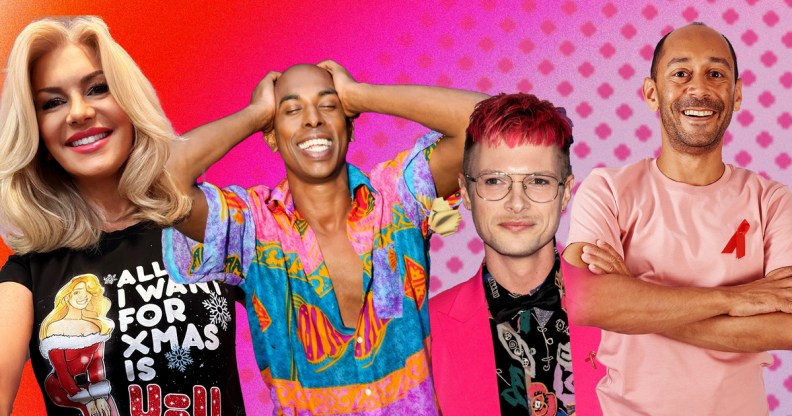 Pictured from left to right is Rebecca Tallon de Havilland, Joshua Royal, Nathaniel Hall and Ant Babajee, four people who are living with HIV. Each person is shown against an edited pink and red background.