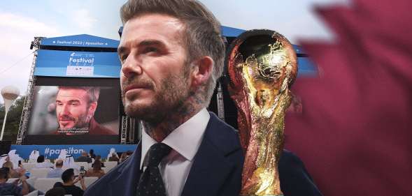 Collage of David Beckham, the World Cup trophy and screens showing his speech to crowds
