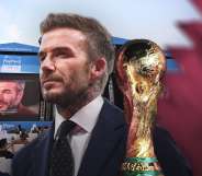 Collage of David Beckham, the World Cup trophy and screens showing his speech to crowds