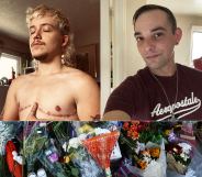 A split-screen image showing Colorado Springs shooting victims Daniel Aston (L) Derrick Rump at the top part, with an image of flowers left outside the club following the shooting