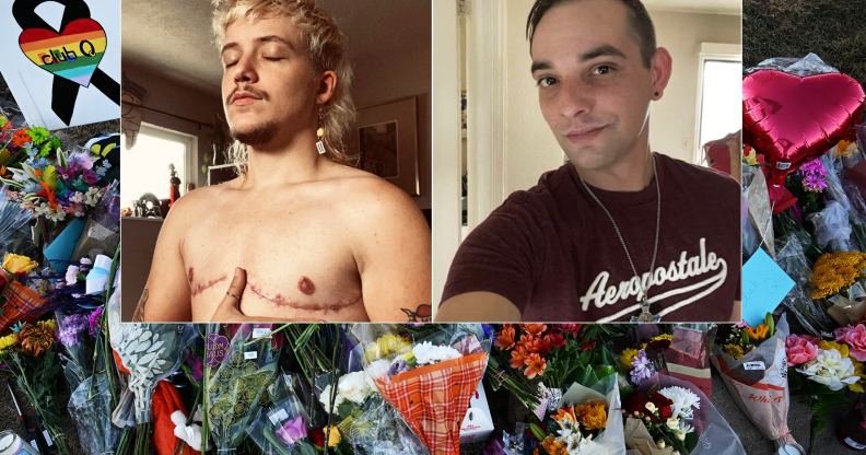 A split-screen image showing Colorado Springs shooting victims Daniel Aston (L) Derrick Rump at the top part, with an image of flowers left outside the club following the shooting