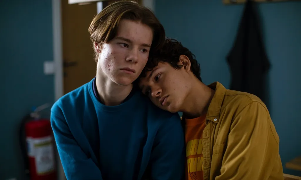 A screenshot of Edvin Ryding as Wilhelm and Omar Rudberg as Simon from Netflix show Young Royals. (Netflix)