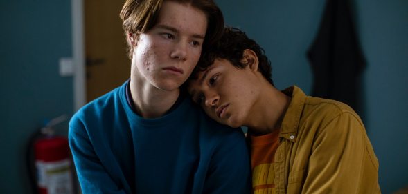 A screenshot of Edvin Ryding as Wilhelm and Omar Rudberg as Simon from Netflix show Young Royals. (Netflix)