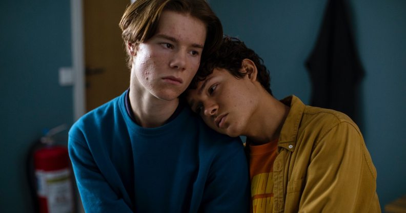 A screenshot of Edvin Ryding as Wilhelm and Omar Rudberg as Simon from Netflix show Young Royals. (Netflix)