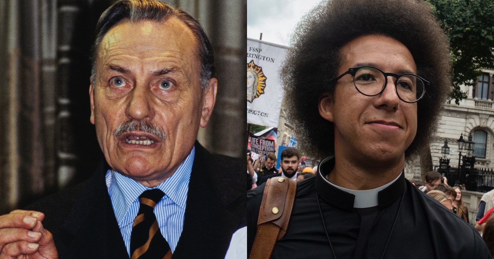 side-by-side photos of Enoch Powell at the 1980 Conservative Party Conference and GBNews presenter Calvin Robinson at an anti-abortion march
