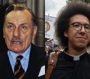 side-by-side photos of Enoch Powell at the 1980 Conservative Party Conference and GBNews presenter Calvin Robinson at an anti-abortion march