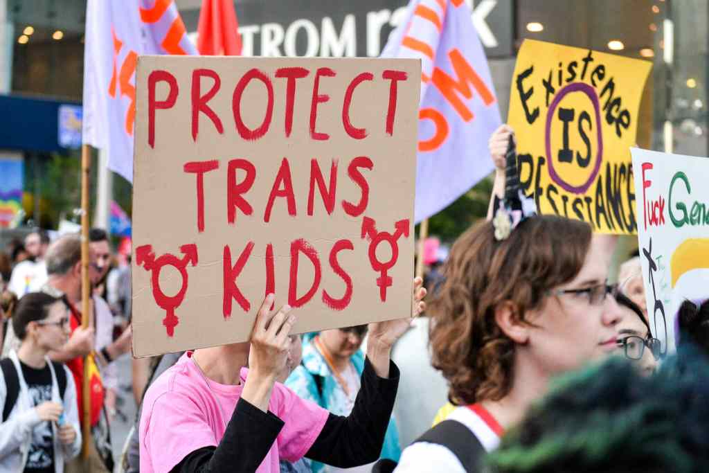 A photo shows a group of trans activists protesting, one sign being held says "Protect Trans Kids".