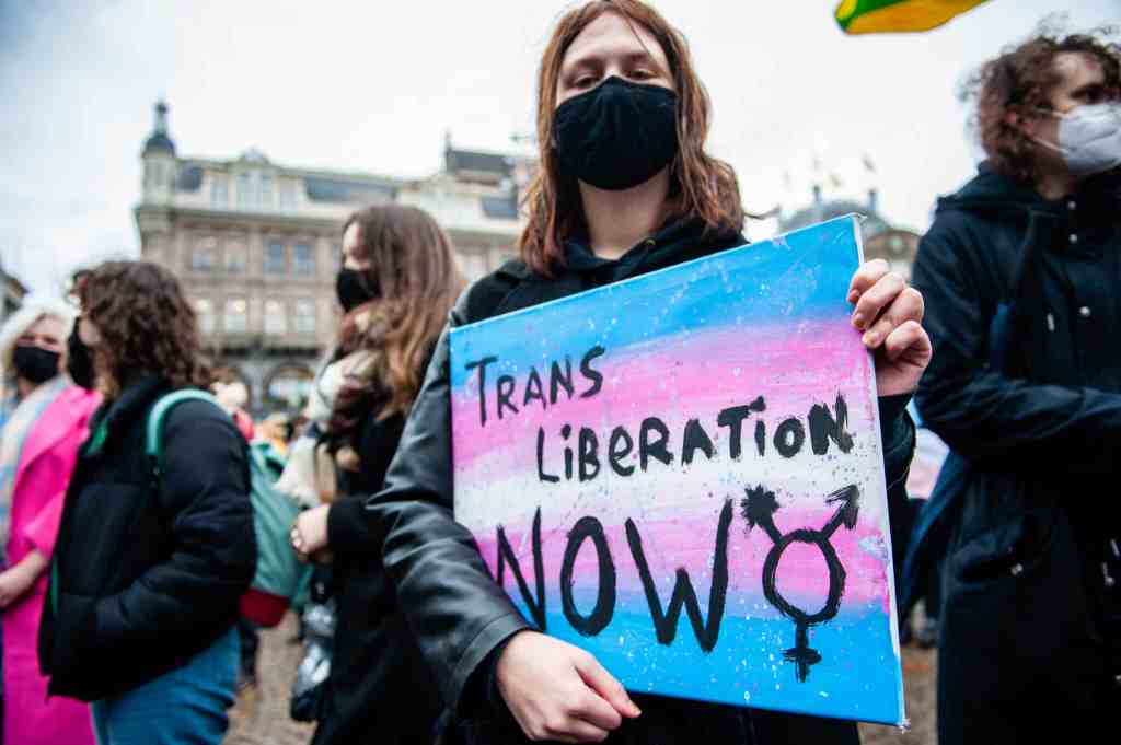A trans protester holds a placard saying trans liberation now during a demonstration