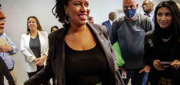 Washington DC Mayor Muriel Bowser smiles after holding a press conference.