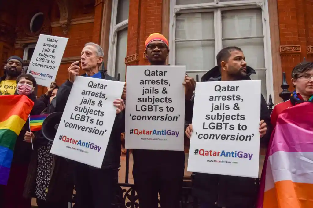 Activists protest outside the Embassy of Qatar in London on the eve of the World Cup