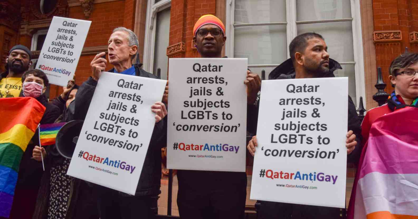 Activists protest outside the Embassy of Qatar in London on the eve of the World Cup