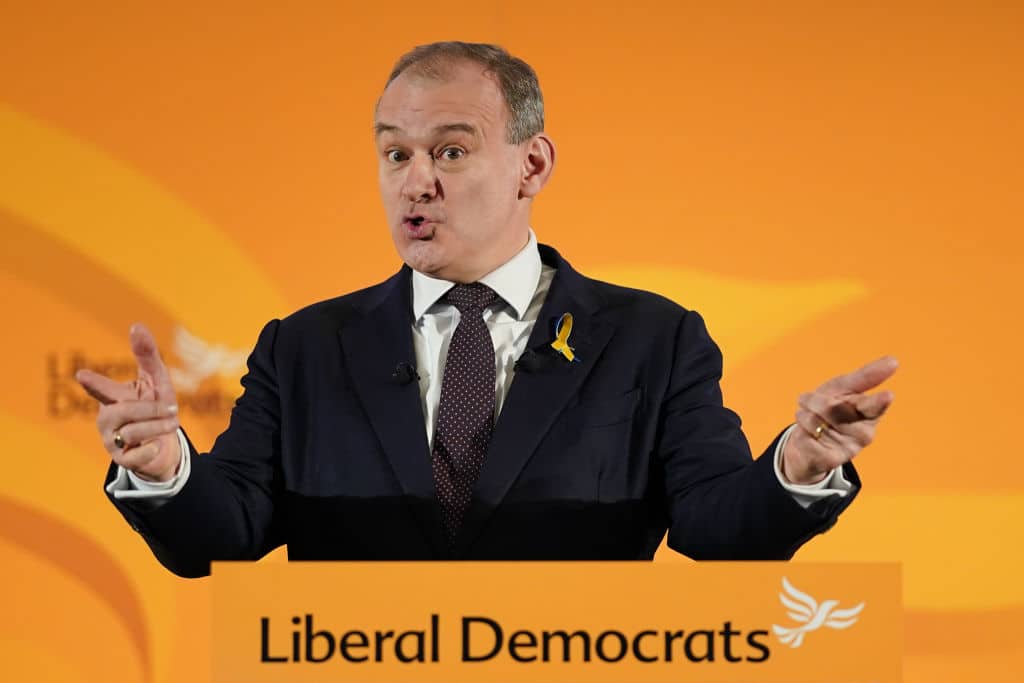 Ed Davey, leader of the Liberal Democrats, speaking at the party's 2022 conference on stage.