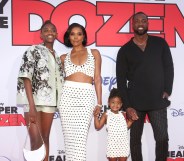 Zaya Wade, Gabrielle Union, Kaavia James Union Wade and Dwyane Wade pose at the premiere of Cheaper by the Dozen