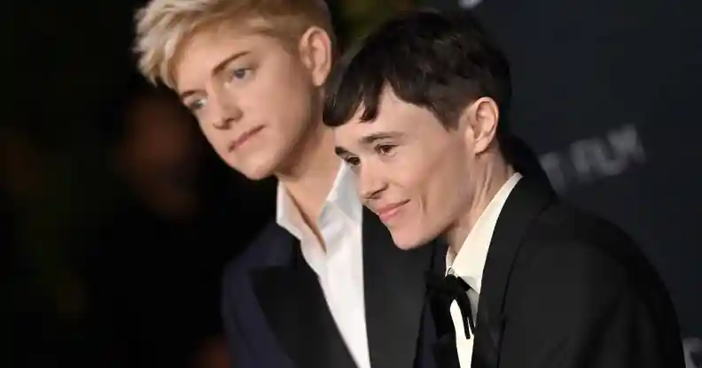 A photo of comedian Mae Martin and actor Elliot Page wearing tuxedos to a film event in LA