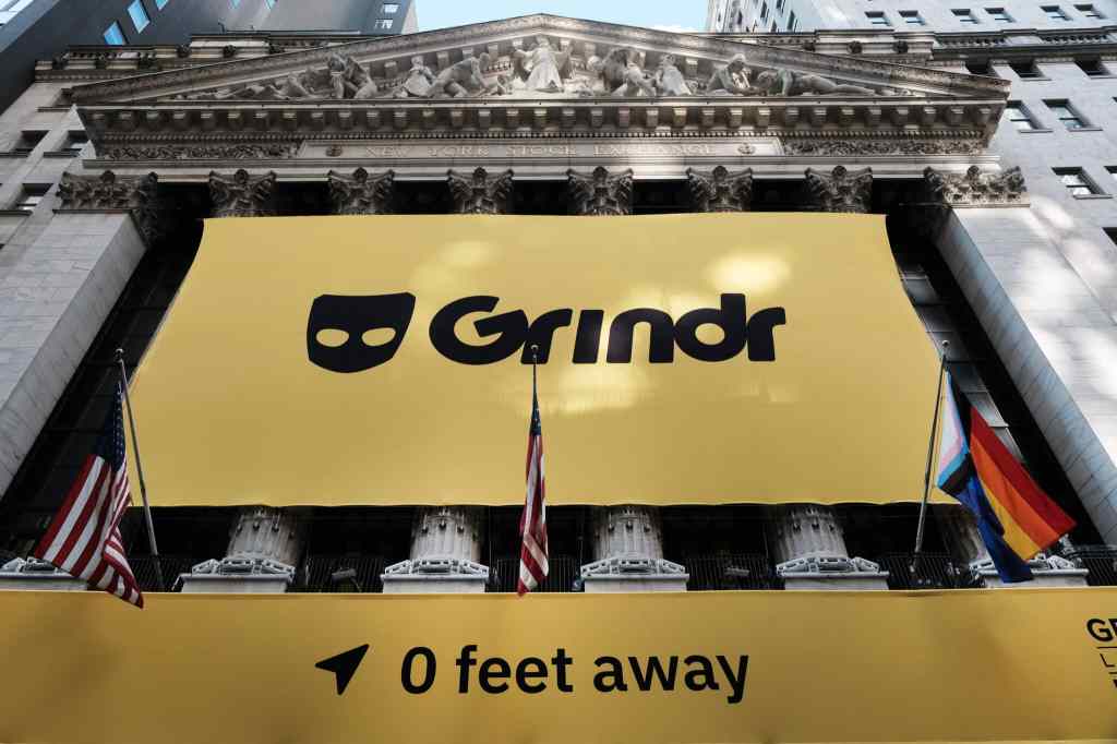 Grindr displays its banner outside of the New York Stock Exchange (NYSE) as the company goes public.