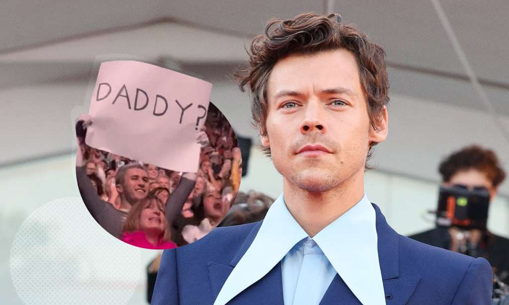 Harry Styles in a suit with a giant shirt collar, and a fan holding up a 'Daddy?' sign