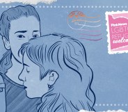 An illustration of two women on a postcard-like design in blue. In the right hand corner is a stamp with the words "PinkNews LGBTQ Refugees Welcome.