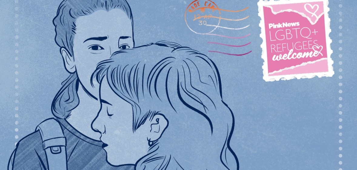 An illustration of two women on a postcard-like design in blue. In the right hand corner is a stamp with the words "PinkNews LGBTQ Refugees Welcome.