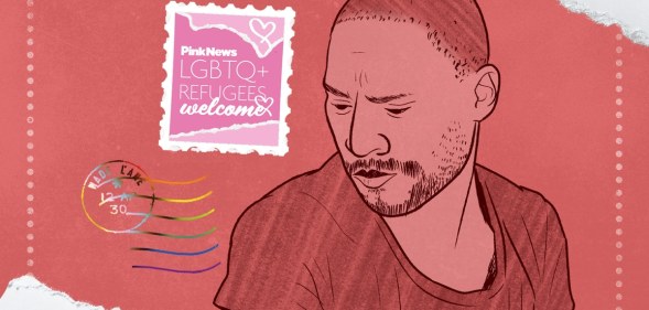 An image of a Black man set against a red background on a postcard style with a stamp in the left top corner reading "LGBTQ Refugees Welcome".