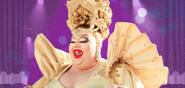 Drag queen Eureka O'Hara laughing while wearing a gold costume