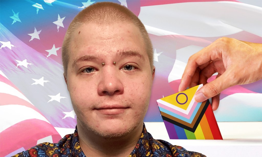 A graphic composed of trans politician James Roesener, a hand holding a progressive Pride LGBTQ+ flag and a US flag waving in the background