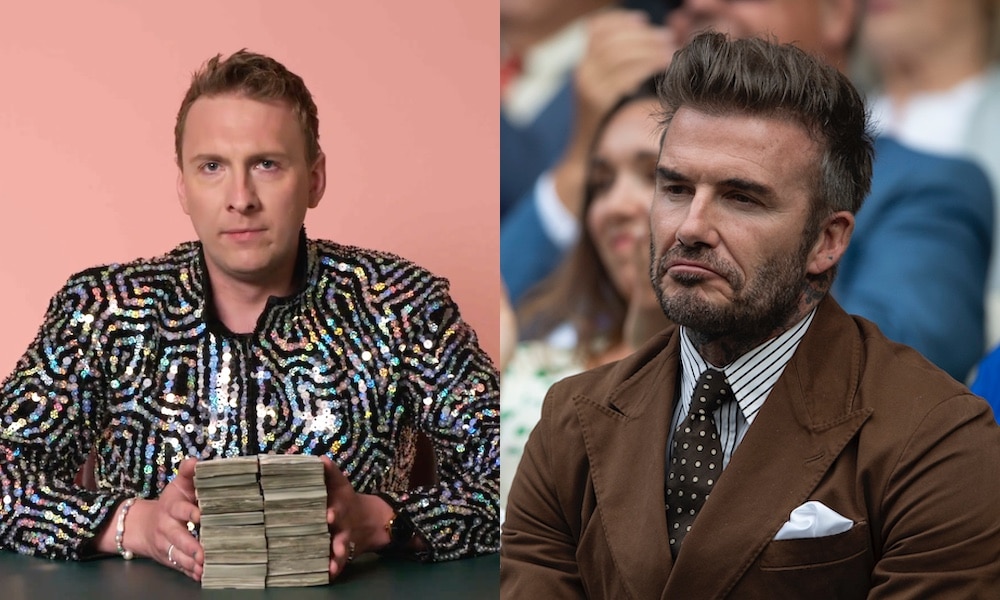 Side by side photos of Joe Lycett and David Beckham