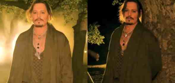 Two stills of Johnny Depp wearing a green jacket over a green top standing next to a tree from Rihanna's Savage x Fenty fashion show (Prime/Fenty)