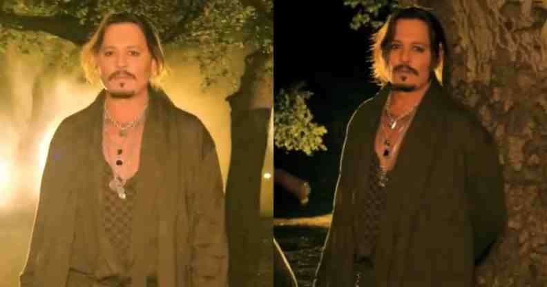 Two stills of Johnny Depp wearing a green jacket over a green top standing next to a tree from Rihanna's Savage x Fenty fashion show (Prime/Fenty)
