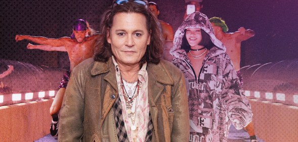 A composite graphic shows Johnny Depp wearing a light brown leather jacket superimposed in front of a screenshot of one of Rihanna's music videos