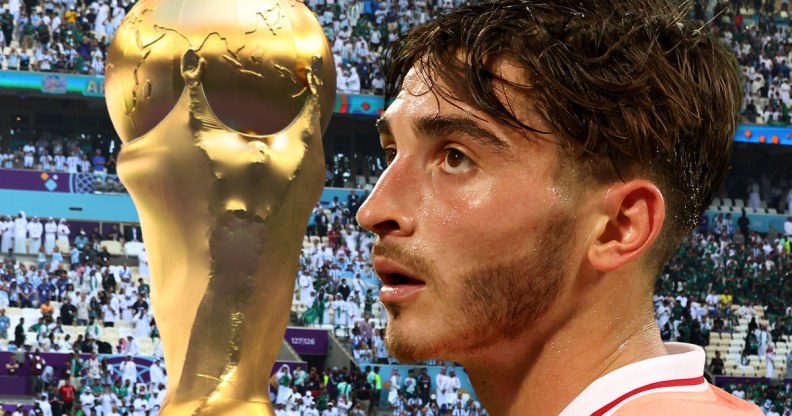Gay footballer Josh Cavallo and the FIFA World Cup trophy