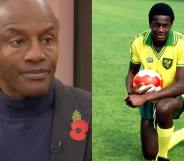 Side-by-side photos of John Fashanu wearing a dark grey suit jacket over a purple top and his late brother Justin Fashanu dressed in his football kit