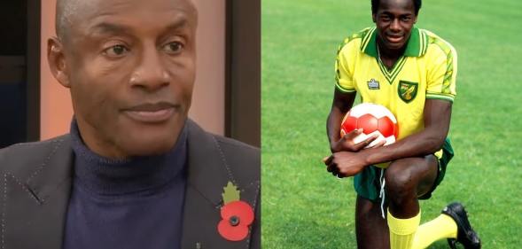 Side-by-side photos of John Fashanu wearing a dark grey suit jacket over a purple top and his late brother Justin Fashanu dressed in his football kit