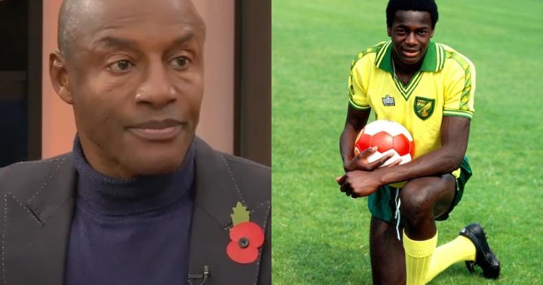 Side-by-side photos of John Fashanu wearing a dark grey suit jacket over a purple top and his late brother Justin Fashanu dressed in his football kit
