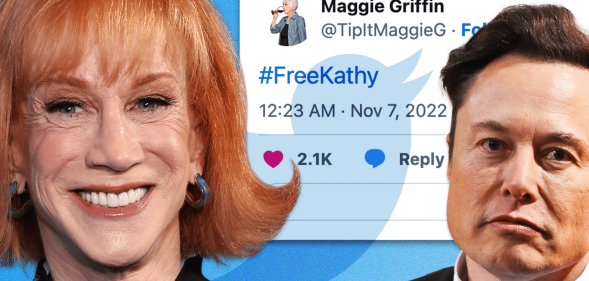 A composite image showing Comedian Kathy Griffin smiling next to Elon Musk superimposed over a Twitter post
