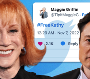 A composite image showing Comedian Kathy Griffin smiling next to Elon Musk superimposed over a Twitter post